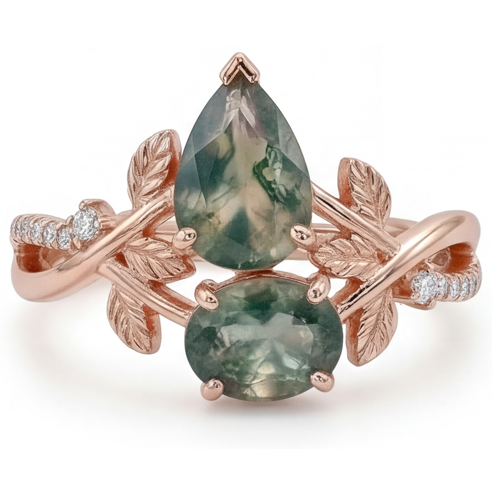 Bague avec Gemme Or Rose 14 Carats avec Dendritic Agate – vue d'angle