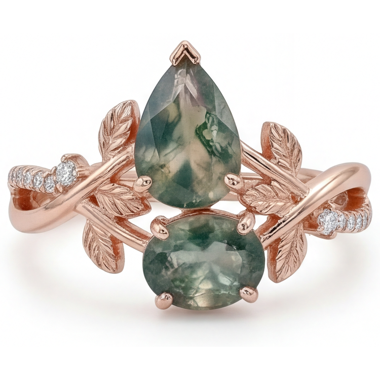 Bague avec Gemme Or Rose 14 Carats avec Dendritic Agate – vue d'angle