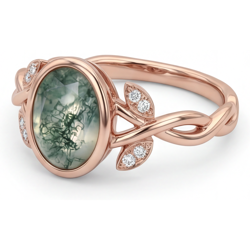 Ovale Dendritic Agate bague en Or Rose 14 Carats – vue de côté