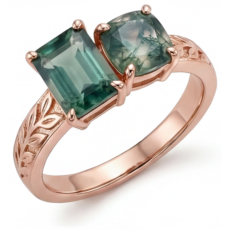 Dendritic Agate Bague Pierre Précieuse 1,50 carats Or 14K Rose – vue de côté