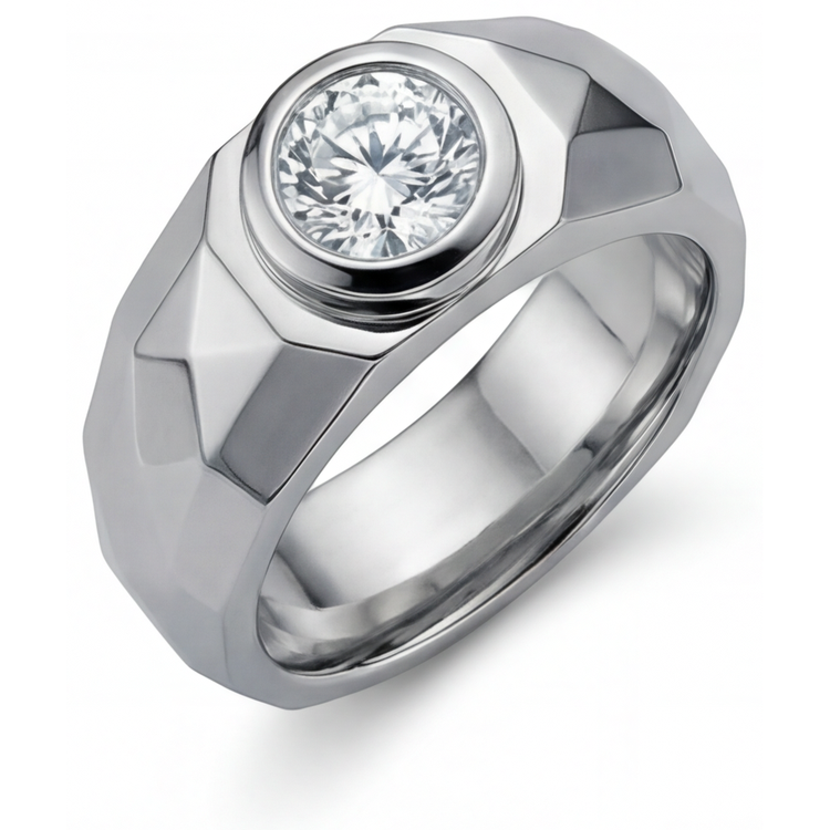 Diamant Taille Ronde Bague pour Homme en Or Blanc 14 Carats – vue de côté