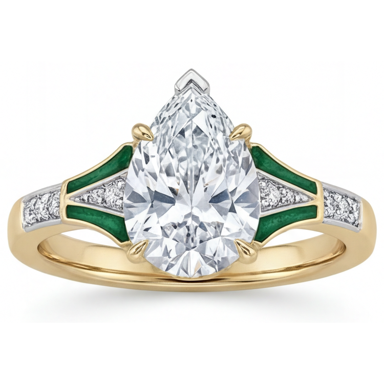 Diamant Taille Poire Bague Solitaire avec Accents en Or Bicolore 14 Carats – vue principale