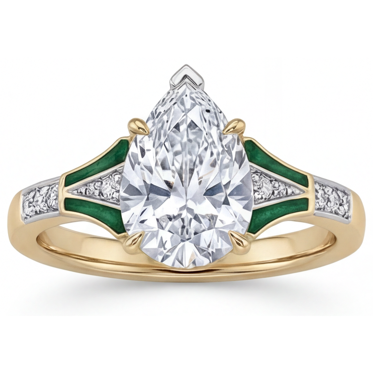 Taille Poire Diamant bague en Or Bicolore 14 Carats – vue de face