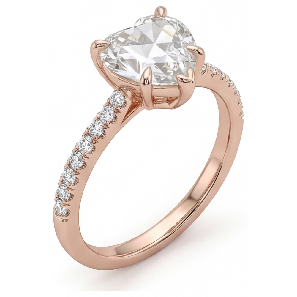 Diamant Forme Cœur Bague Solitaire avec Accents en Or Rose 14 Carats – vue de côté