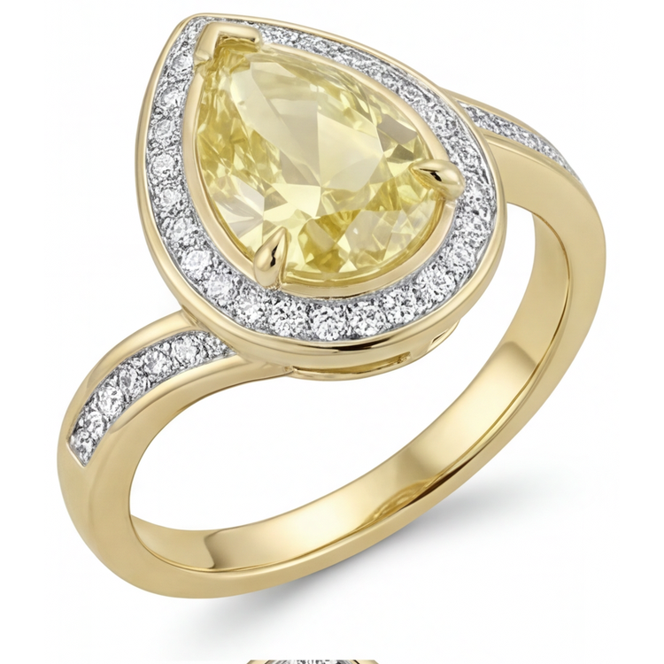 Bague de Fiançailles Halo Or Jaune 14 Carats avec Diamant Canari – vue de côté