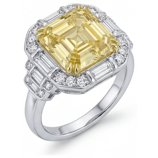 Bague de Fiançailles Halo Or Bicolore 14 Carats avec Diamant Canari – vue de face