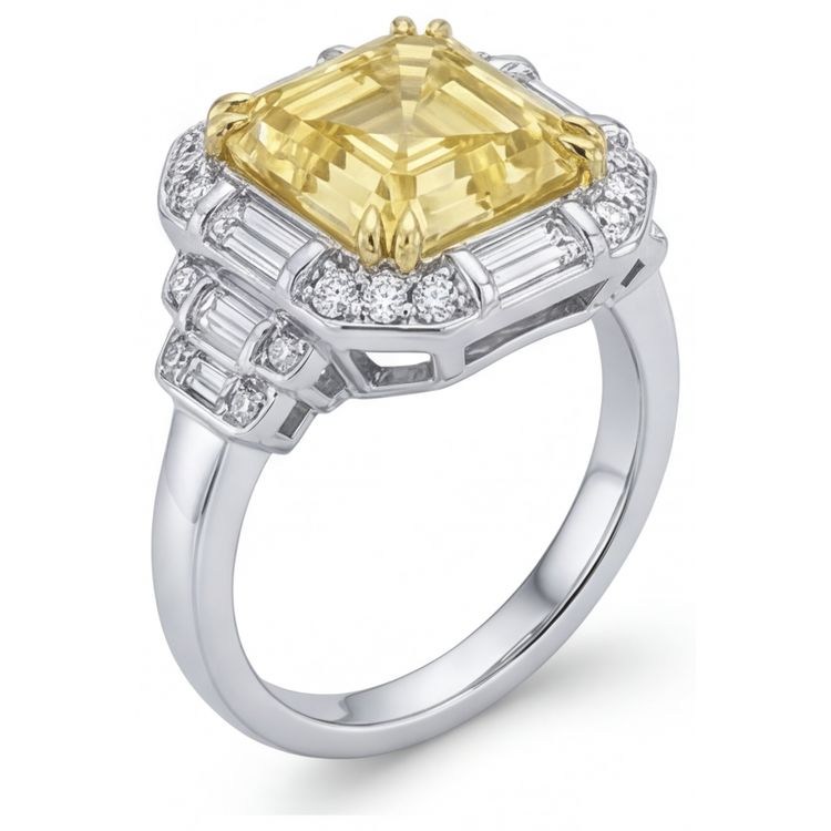Diamant Canari Taille Asscher Bague de Fiançailles Halo en Or Bicolore 14 Carats – vue d'angle