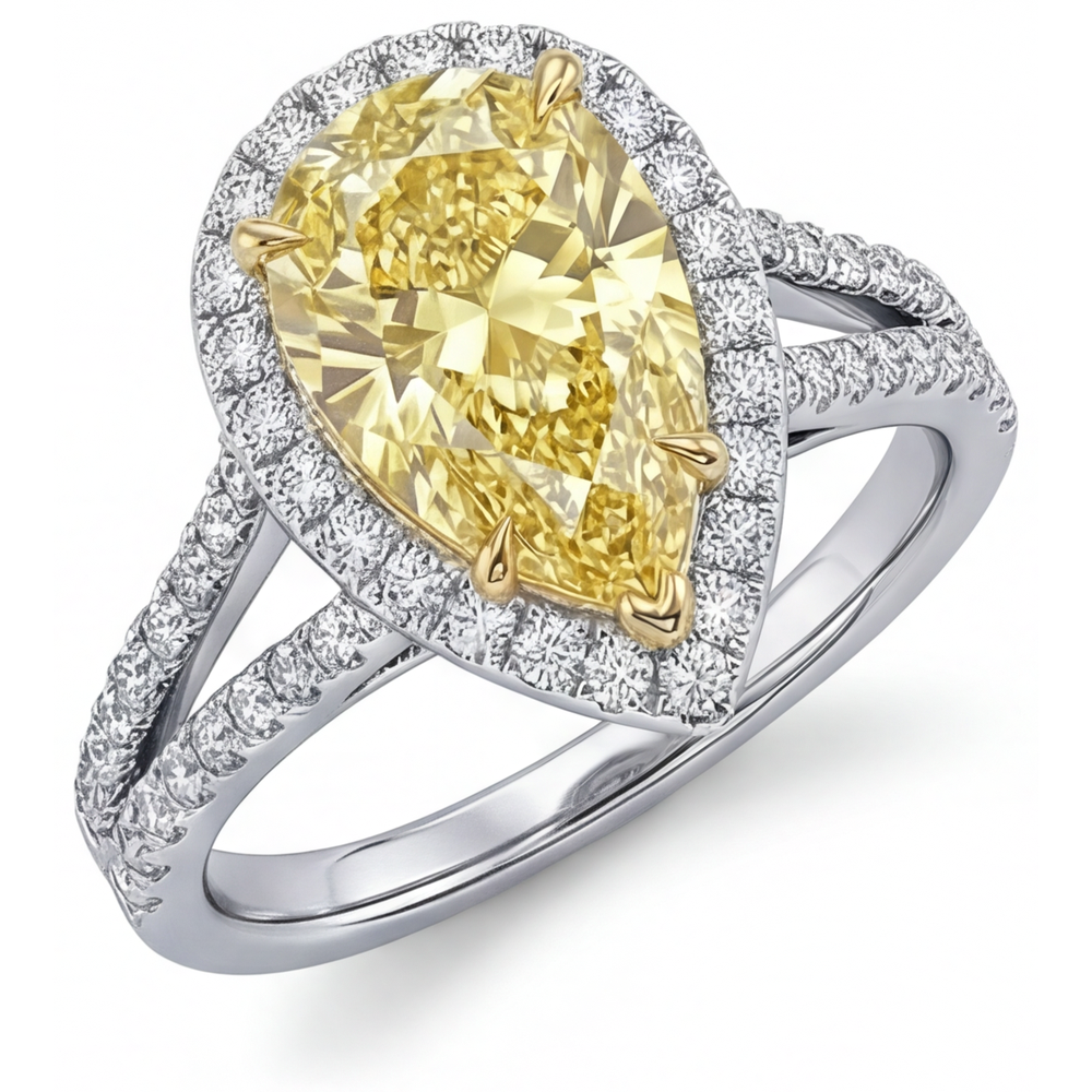 Taille Poire Diamant Canari bague en Or 14K Bicolore – vue de face