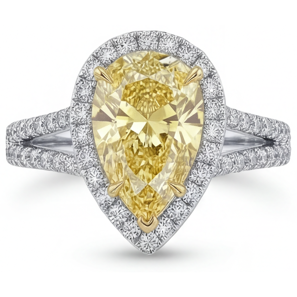 Taille Poire Diamant Canari bague en Or 14K Bicolore – vue d'angle