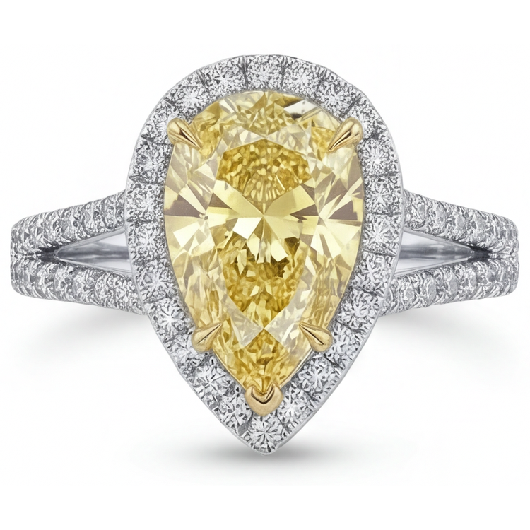 Taille Poire Diamant Canari bague en Or 14K Bicolore – vue d'angle