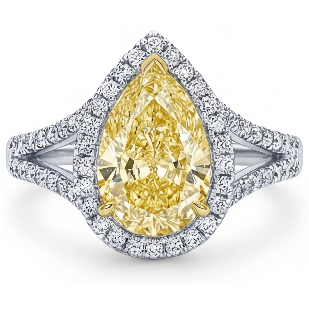 Taille Poire Diamant Canari bague en Or 14K Bicolore – vue de face