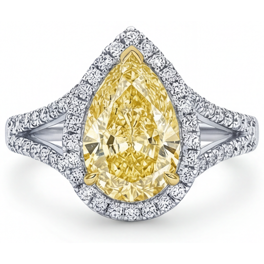 Taille Poire Diamant Canari bague en Or 14K Bicolore – vue de face