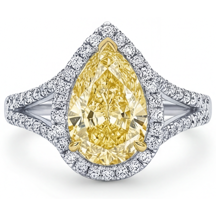 Taille Poire Diamant Canari bague en Or 14K Bicolore – vue de face