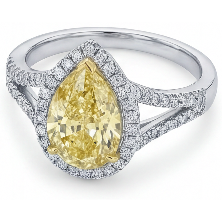 Taille Poire Diamant Canari bague en Or 14K Bicolore – vue de dessus