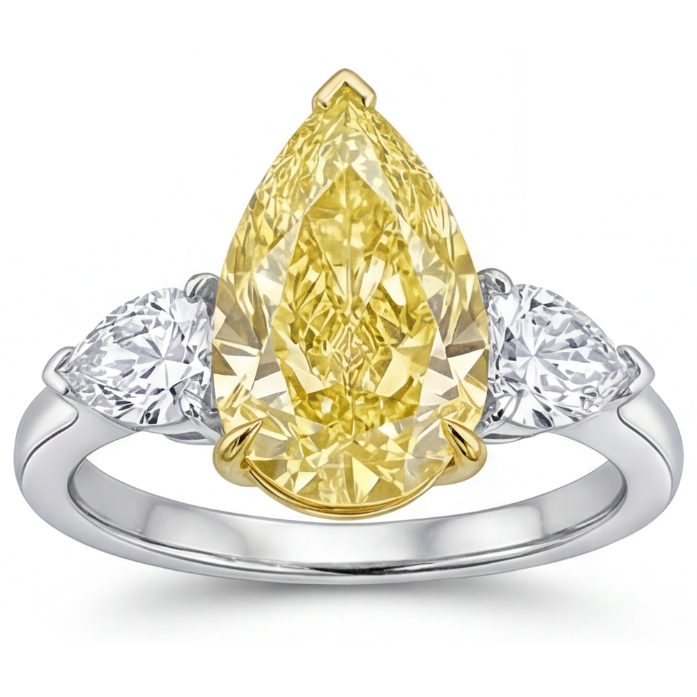Diamant Canari Goutte Bague Trois Pierres en Or Deux Tons 14 Carats – vue de face