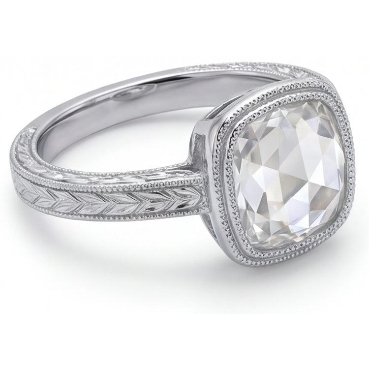 Diamant Fin Taille Coussin Bague Halo en Or Blanc 14 Carats – vue de côté