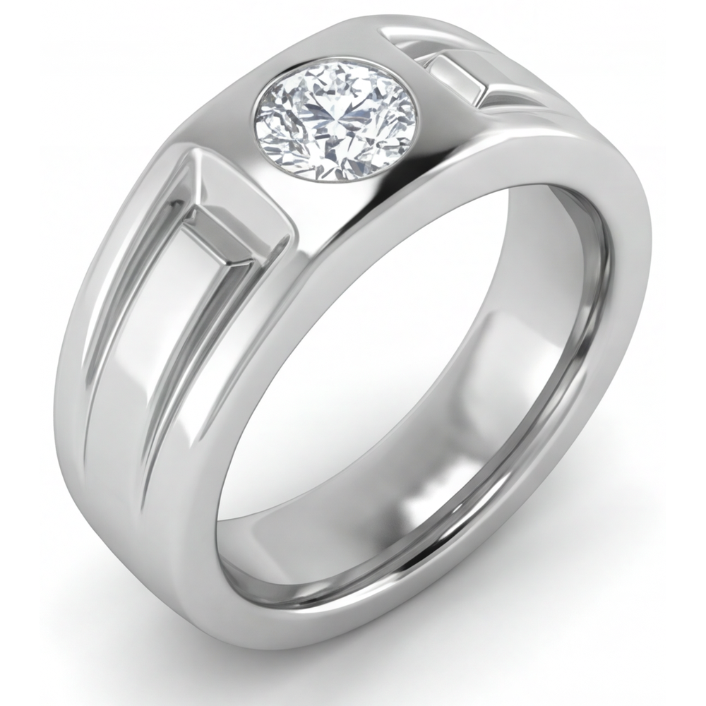 Diamant Fin Taille Ronde Bague Homme en Or Blanc 14 Carats – vue d'angle