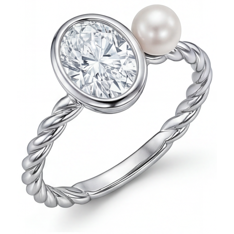Diamant Fin Ovale Bague Mono-Pierre en Or Blanc 14 Carats – vue d'angle