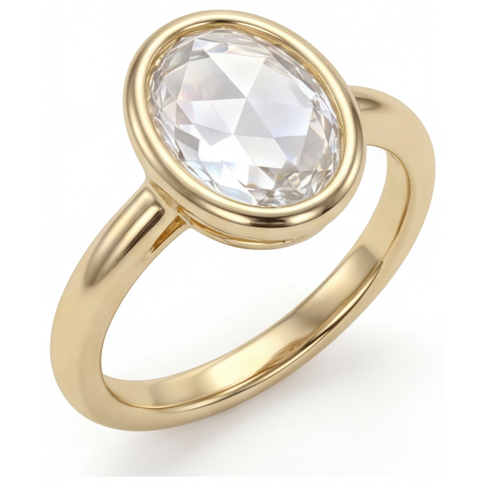 Diamant Fin Taille Ovale Bague Mono-Pierre en Or Jaune 14 Carats – vue de face