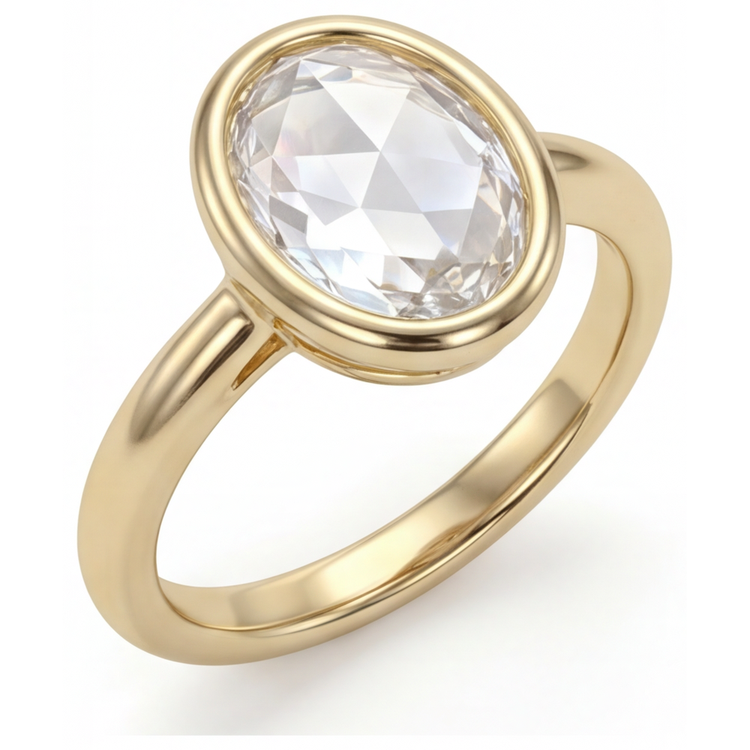 Diamant Fin Taille Ovale Bague Mono-Pierre en Or Jaune 14 Carats – vue de face