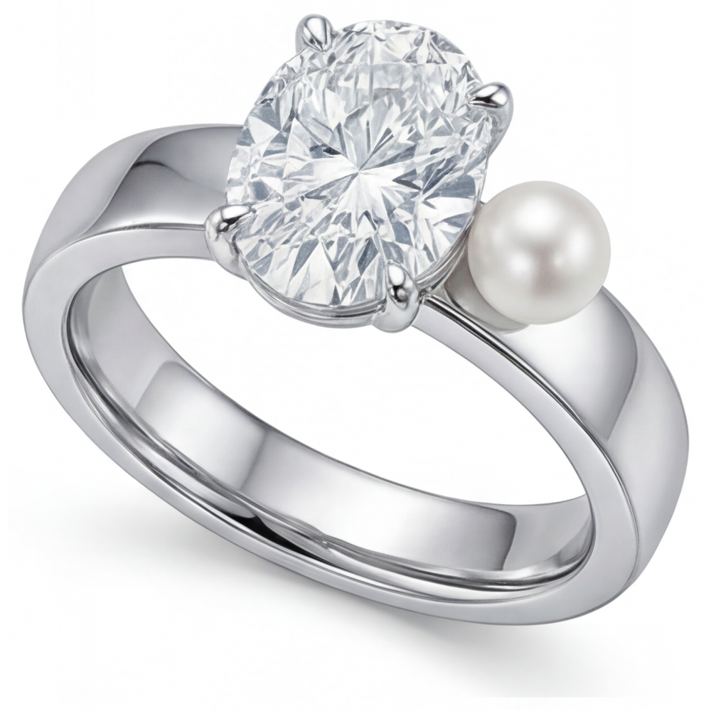 Diamant Fin Taille Ovale Bague Solitaire en Or Blanc 14 Carats – vue de face