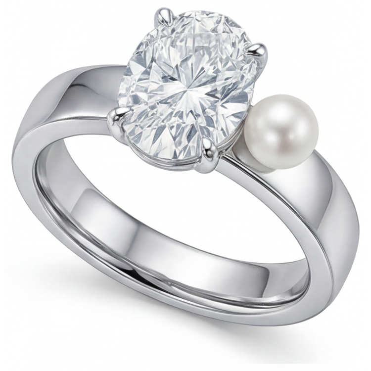 Diamant Fin Taille Ovale Bague Solitaire en Or Blanc 14 Carats – vue de face