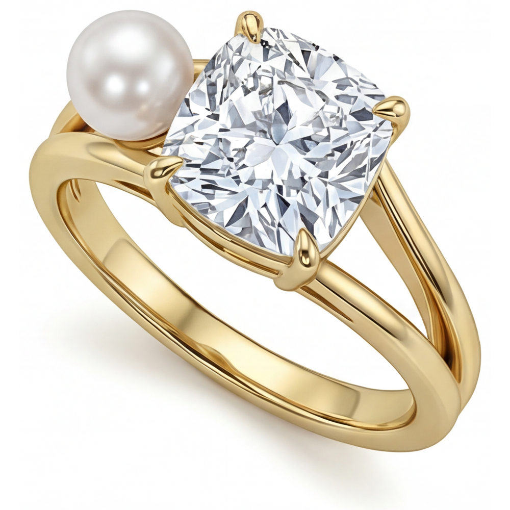 Coussin Diamant Fin bague en Or Jaune 14 Carats – vue de côté