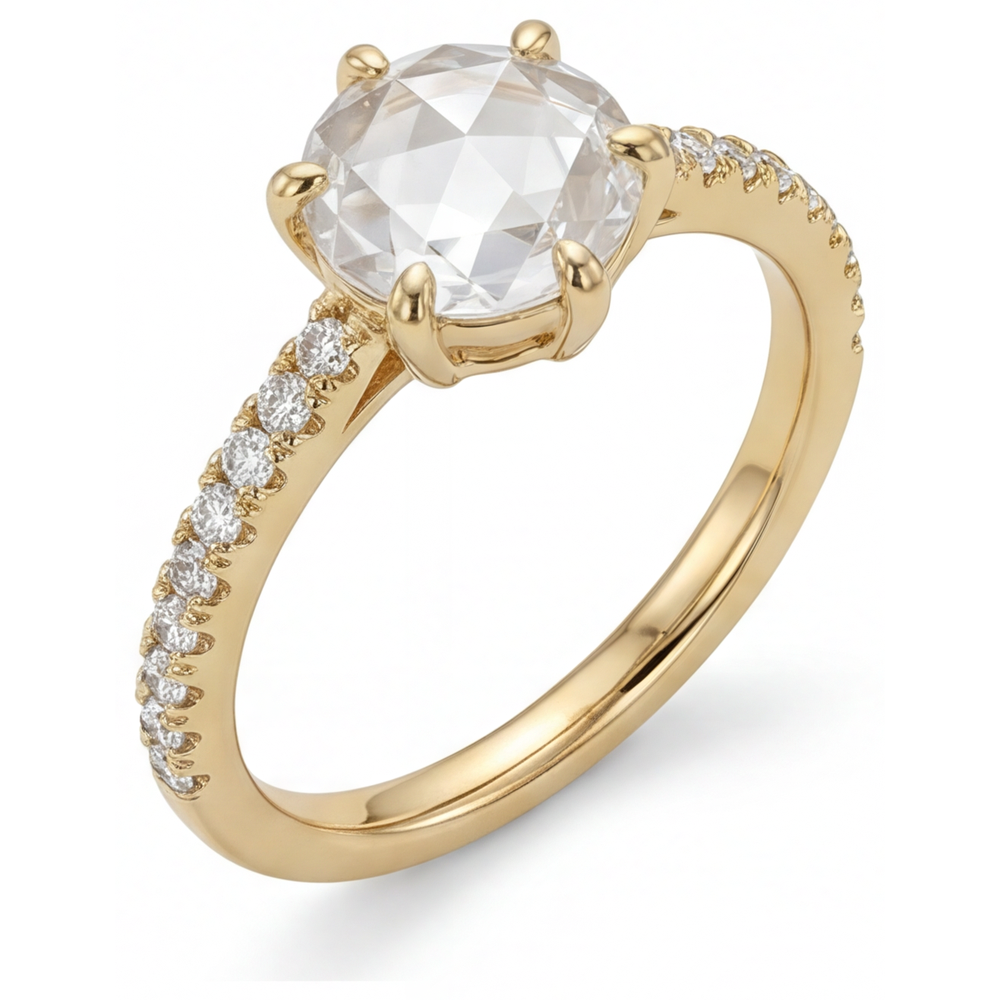 Taille Ronde Diamant Fin bague en Or 14K Jaune – vue de face