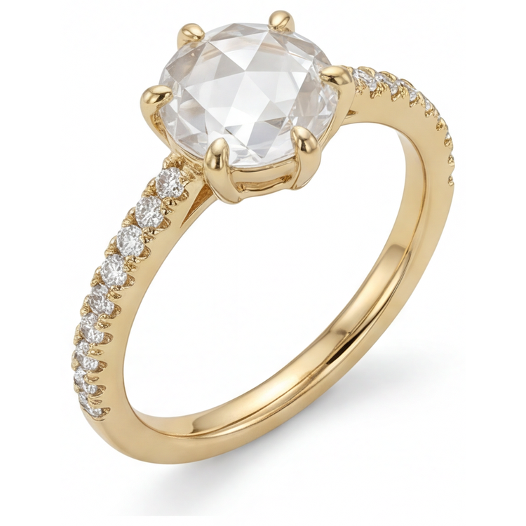 Taille Ronde Diamant Fin bague en Or 14K Jaune – vue de face