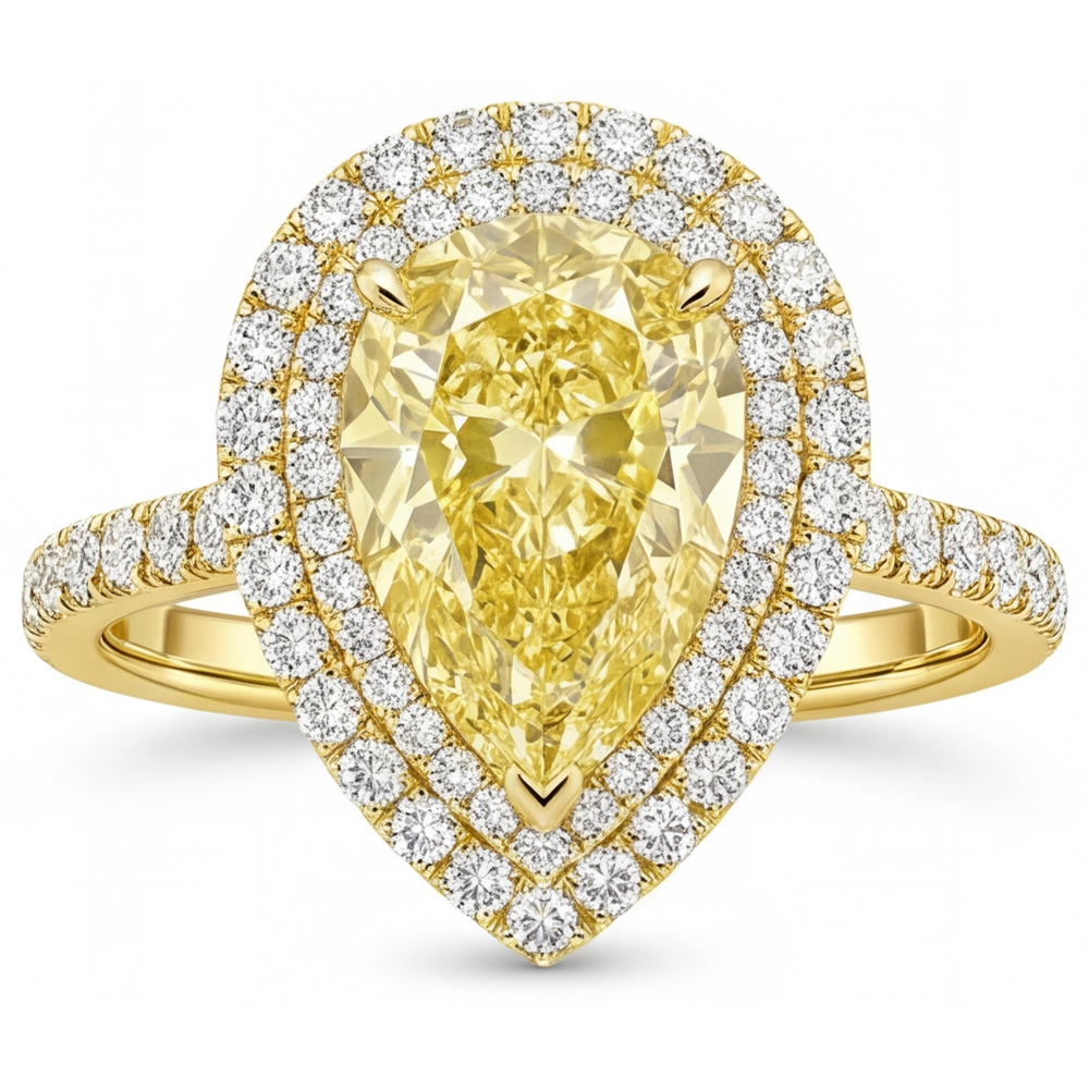 Diamant Jaune Canari Taille Poire Bague de Fiançailles Halo en Or Jaune 14 Carats – vue principale