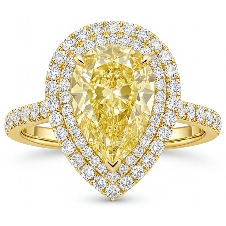 Diamant Jaune Canari Taille Poire Bague de Fiançailles Halo en Or Jaune 14 Carats – vue principale