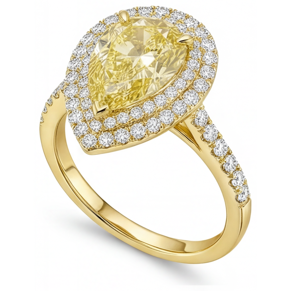 Bague de Fiançailles Halo Or Jaune 14 Carats avec Diamant Jaune Canari – vue d'angle