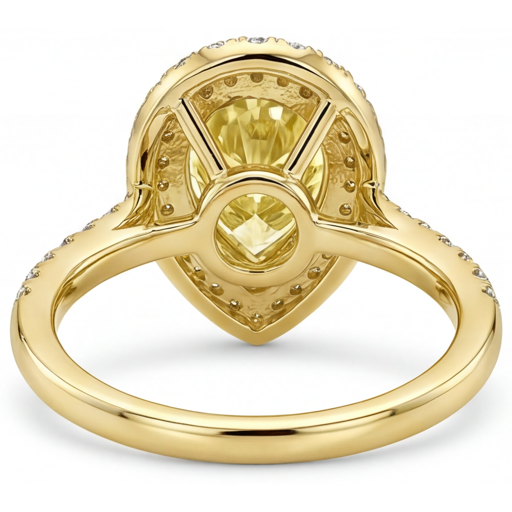 Diamant Jaune Canari Taille Poire Bague de Fiançailles Halo en Or Jaune 14 Carats – vue de dessus