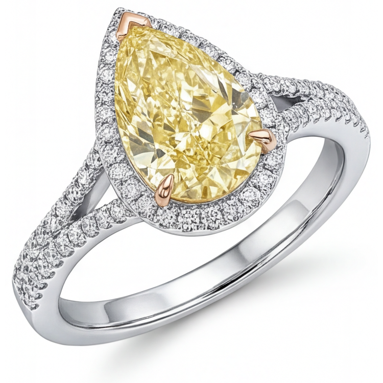 Bague de Fiançailles Halo Or Bicolore 14 Carats avec Diamant Jaune Canari – vue principale
