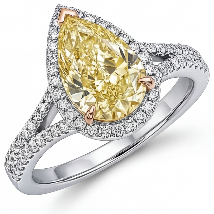 Diamant Jaune Canari Goutte Bague de Fiançailles Halo en Or Bicolore 14 Carats – vue de face