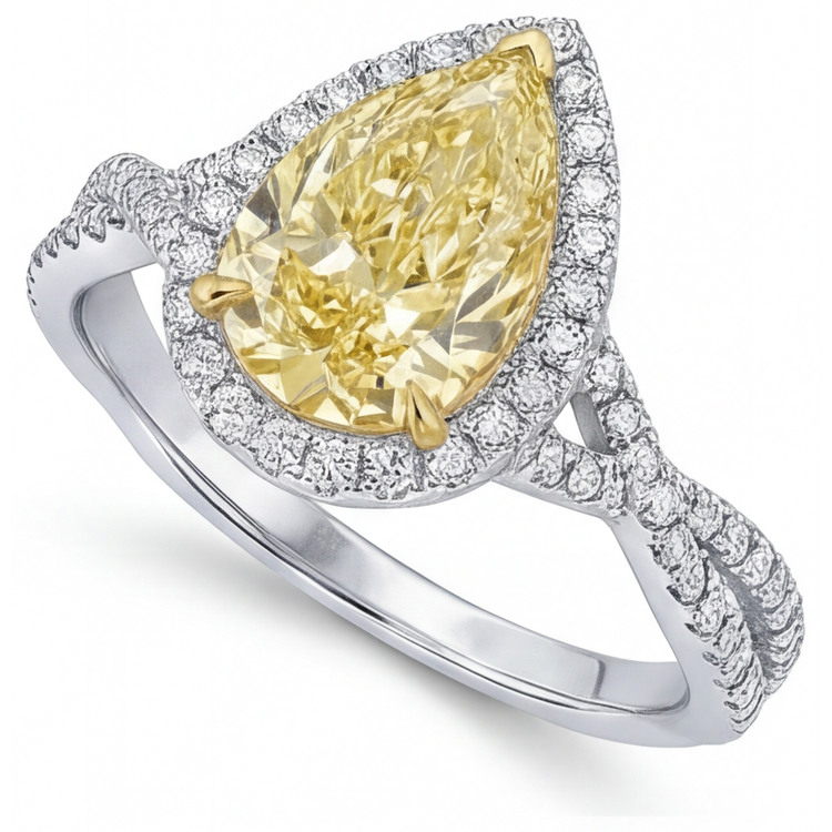 Bague Halo Or 14K Bicolore avec Diamant Jaune Canari – vue d'angle