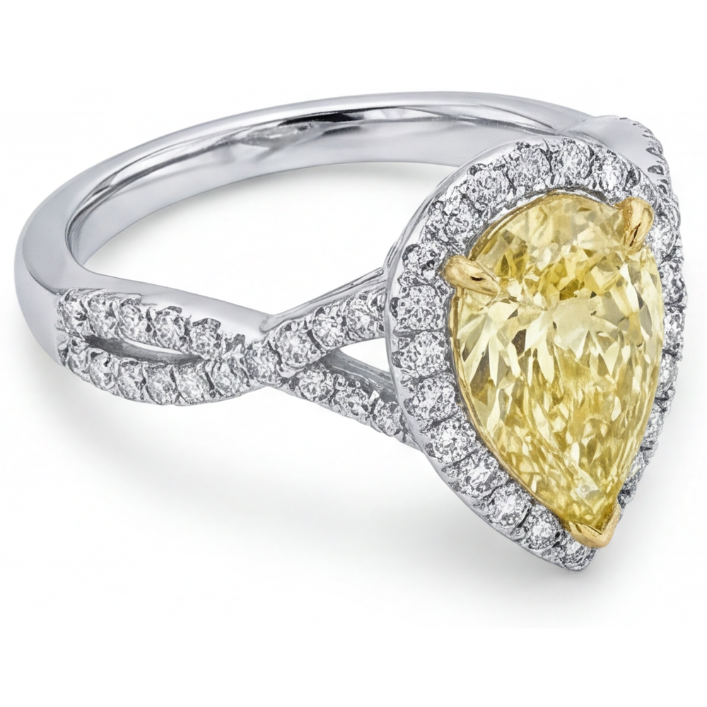 Diamant Jaune Canari Bague Halo 1,50 carats Or 14K Bicolore – vue de profil