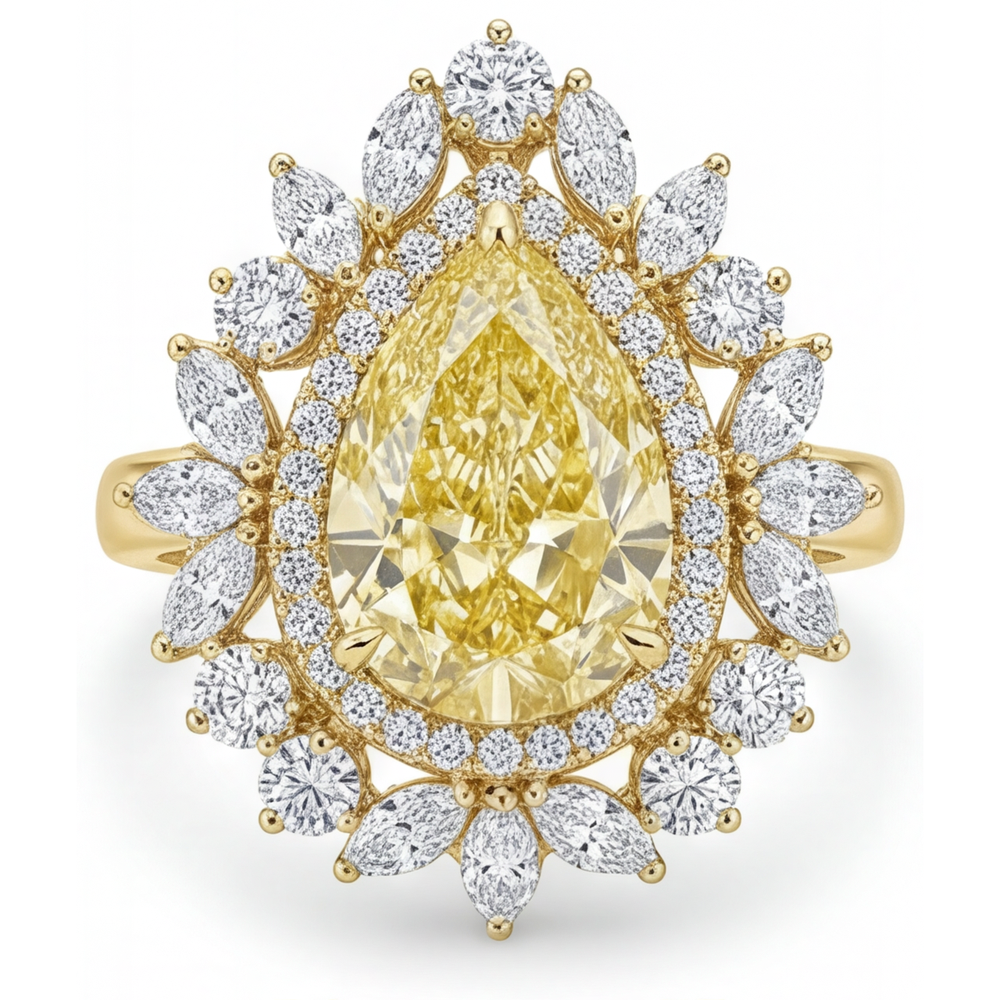 Diamant Jaune Canari Goutte Bague Halo en Or 14K Jaune – vue principale