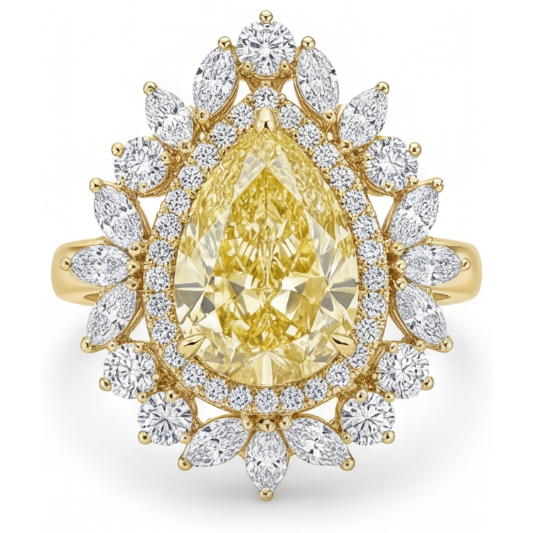 Diamant Jaune Canari Goutte Bague Halo en Or 14K Jaune – vue principale