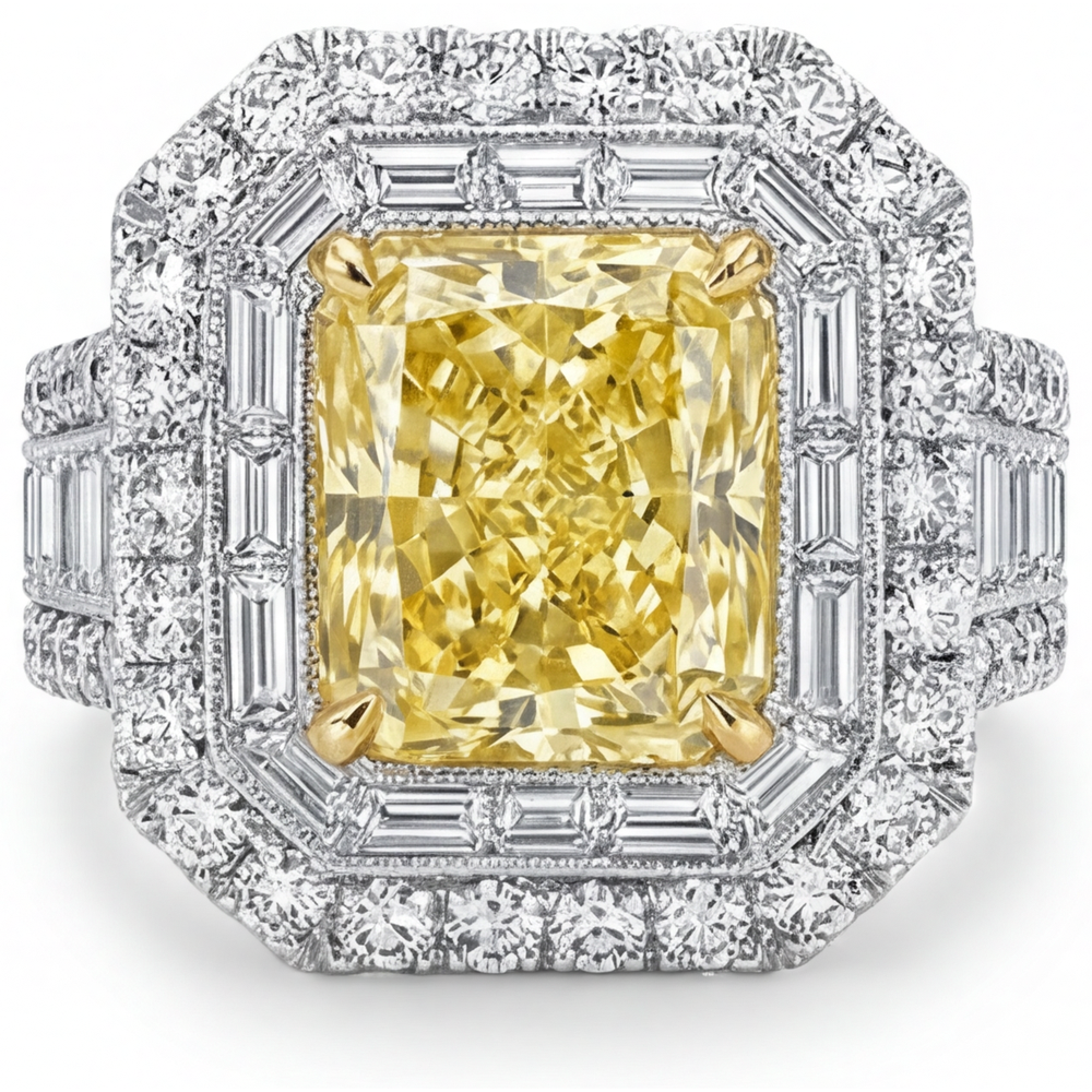 Diamant Jaune Canari Bague Halo 2-carats Or 14K Bicolore – vue principale
