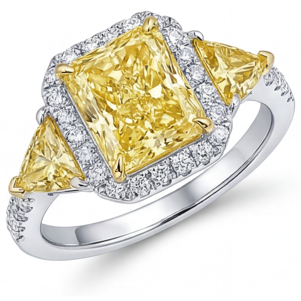 Diamant Jaune Canari Bague Halo 3,5-carats Or Bicolore 14 Carats – vue principale
