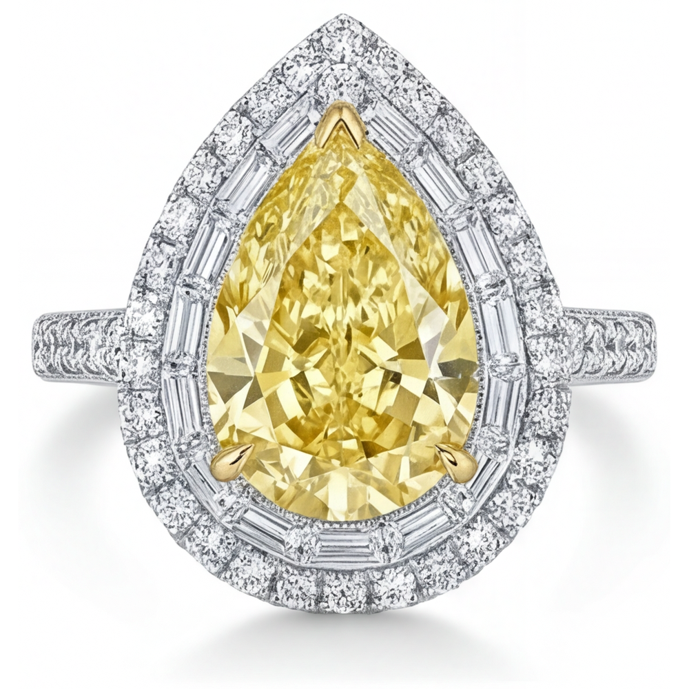 Diamant Jaune Canari Bague Halo 3-carats Or 14K Bicolore – vue principale