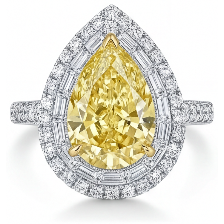 Diamant Jaune Canari Bague Halo 3-carats Or 14K Bicolore – vue principale
