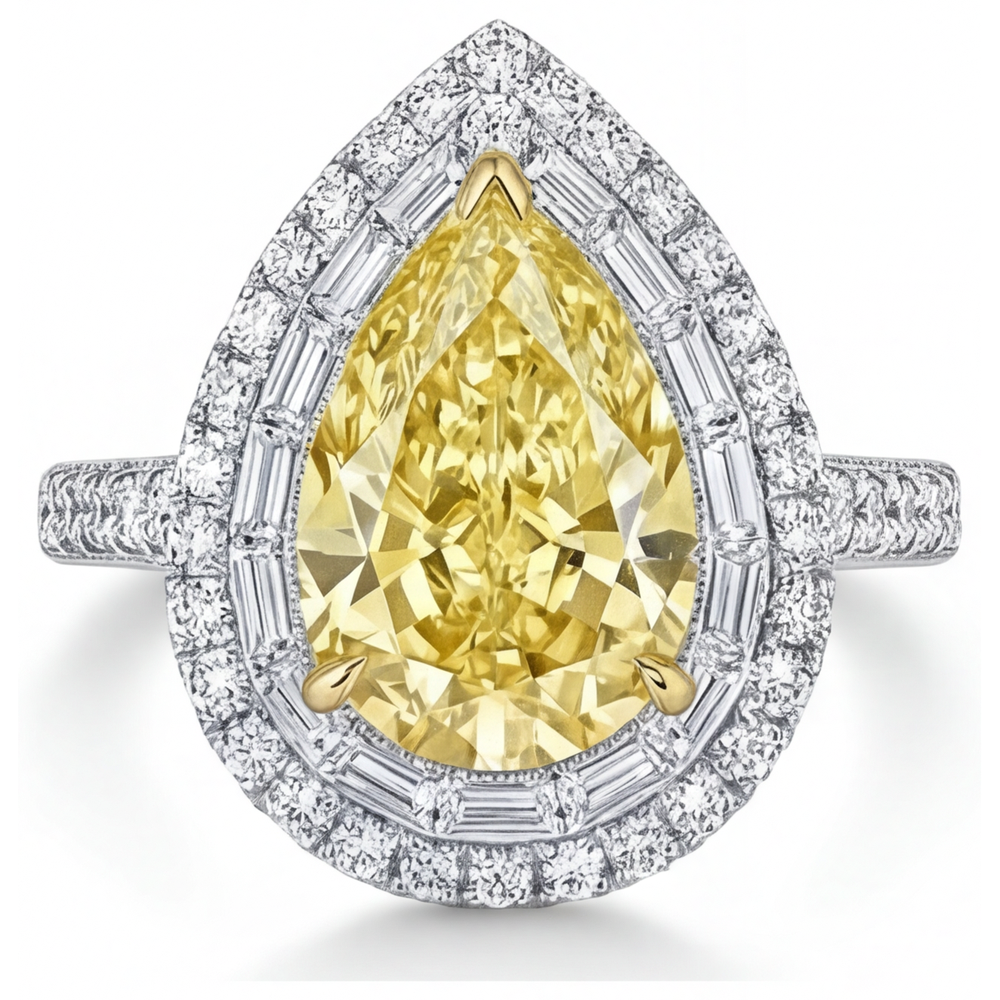 Bague Halo Or 14K Bicolore avec Diamant Jaune Canari – vue de face