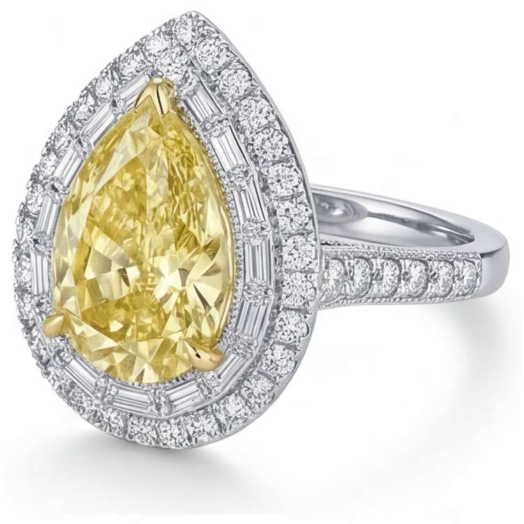 Bague Halo Or 14K Bicolore avec Diamant Jaune Canari – vue de côté