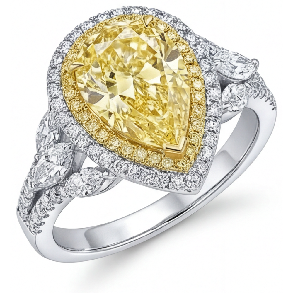 Diamant Jaune Canari Bague Sertie Halo 2,50 carats Or 14K Bicolore – vue principale