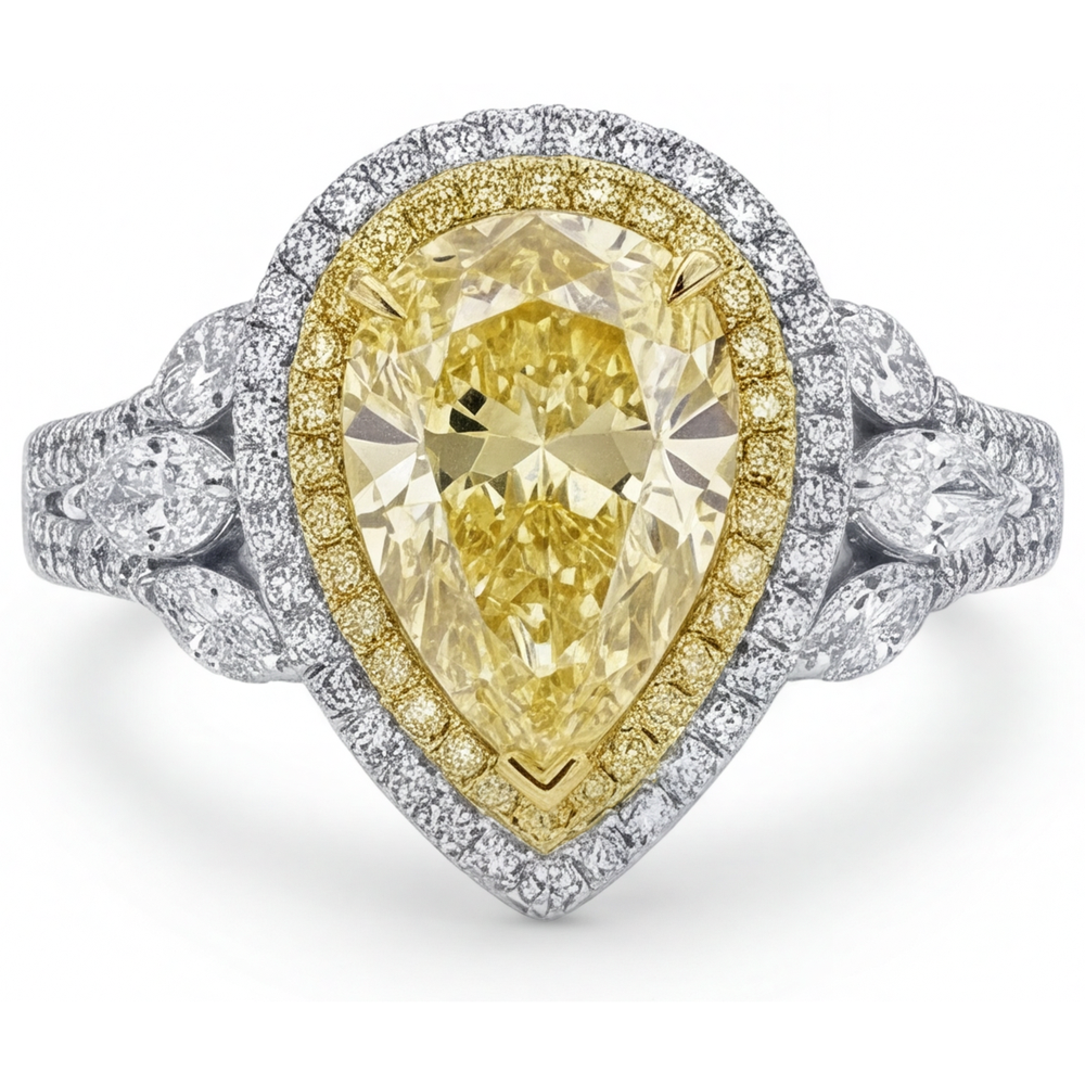 Bague Sertie Halo Or 14K Bicolore avec Diamant Jaune Canari – vue de face