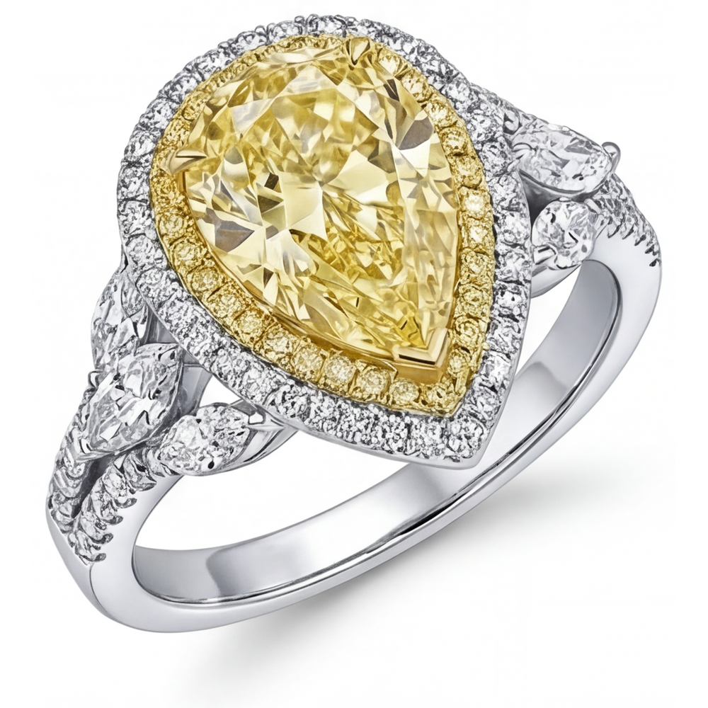Diamant Jaune Canari Bague Sertie Halo 2,50-carats Or 14K Bicolore – vue de côté