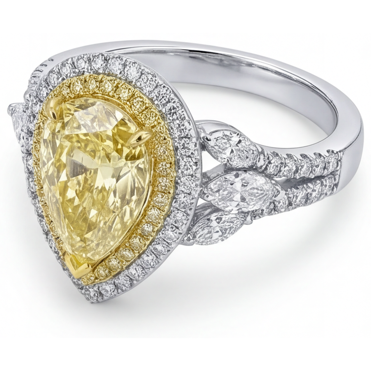 Bague Sertie Halo Or 14K Bicolore avec Diamant Jaune Canari – vue de profil