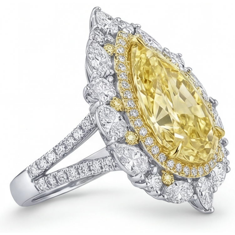 Diamant Jaune Canari Goutte Bague Sertie Halo en Or Deux Tons 14 Carats – vue de profil